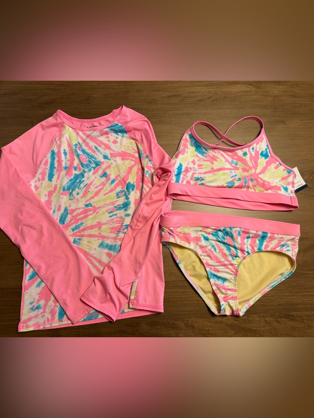 Lands' End Pink Tie-Dye Long Sleeve Rash Guard Set with Bikini - 10/12